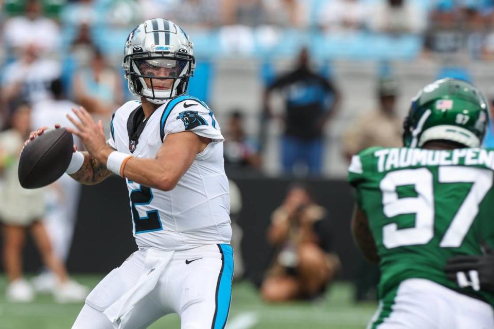 Panthers quaterback Matt Corral looks for a pass during the pre-season game against the Jets at Bank of America Stadium on Saturday, August 12, 2023 in Charlotte, NC. Melissa Melvin-Rodriguez/mrodriguez@charlotteobserver.com
