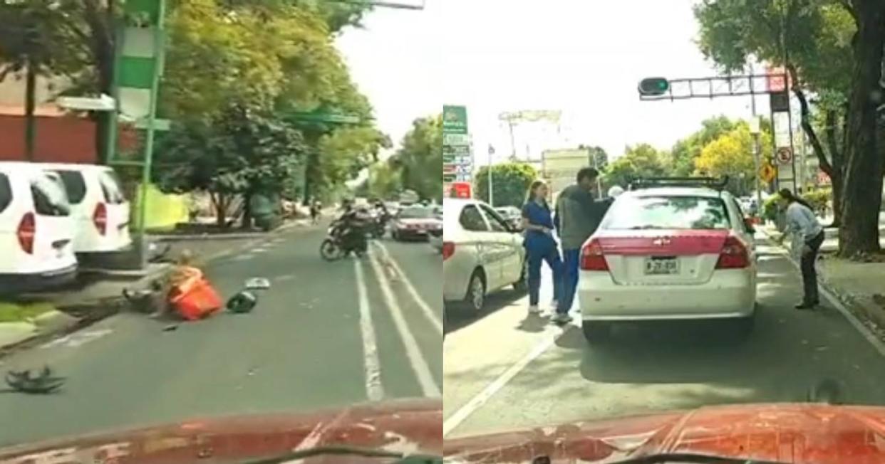 Automovilista y motociclista persiguen a taxista que arrolló a un biker. Foto: Captura de video TikTok vía @furiabikeroficial 