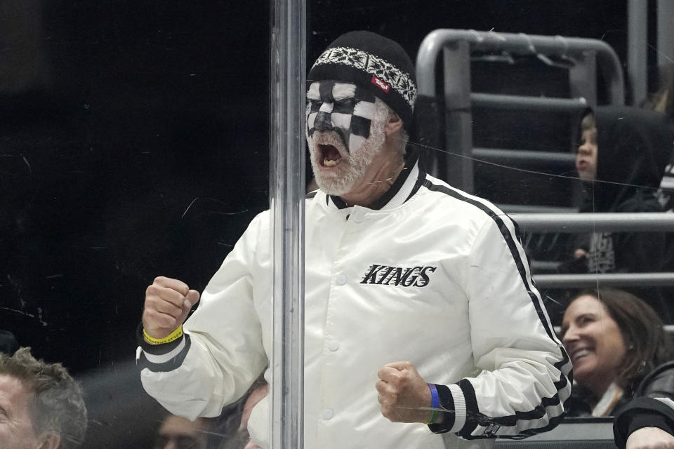Actor Will Ferrell cheers during the third period in Game 3 of an NHL hockey Stanley Cup first-round playoff series between the Los Angeles Kings and the Edmonton Oilers Friday, April 21, 2023, in Los Angeles. (AP Photo/Mark J. Terrill)