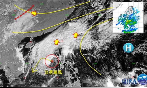 「北冕」外圍暖濕的水氣逐漸順著太平洋高壓邊緣北上。（圖／翻攝自吳聖宇臉書）