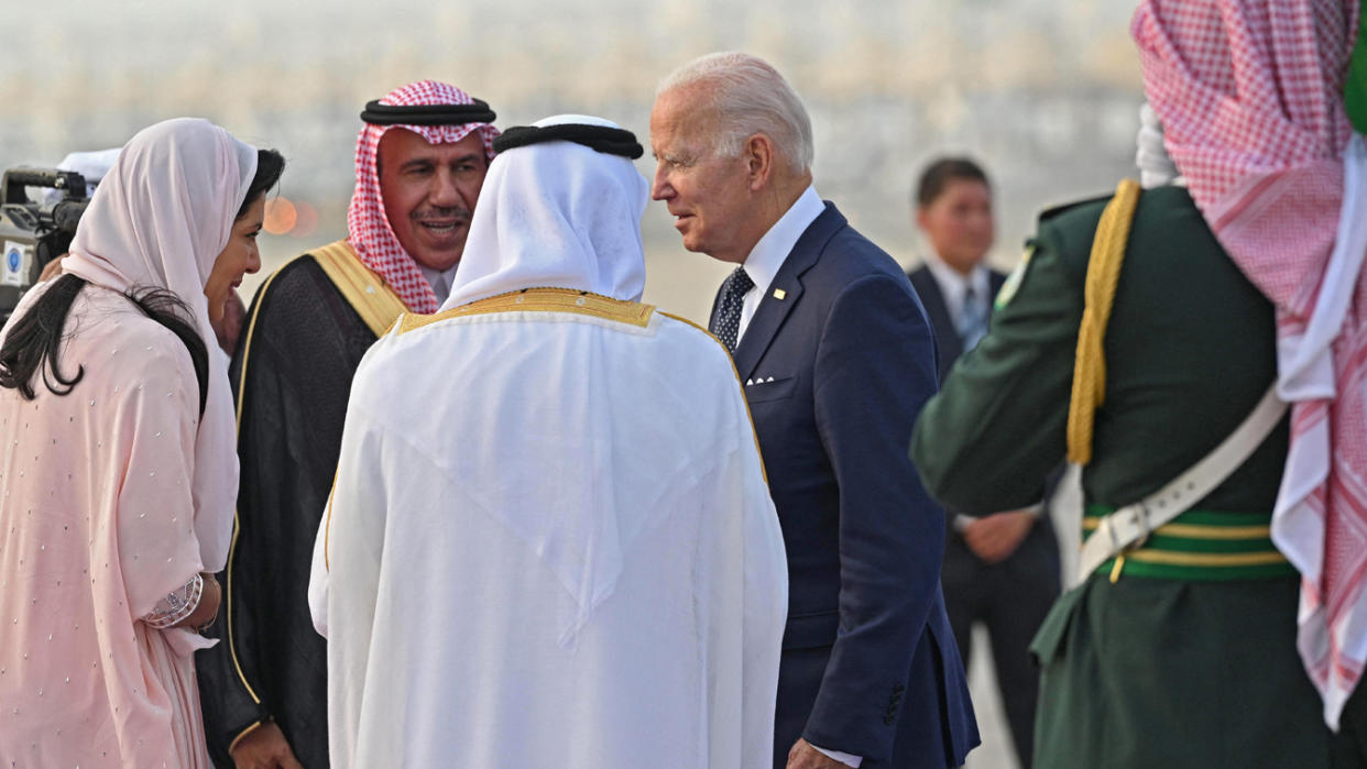 President Biden is welcomed at the airport in Jeddah, Saudi Arabia.