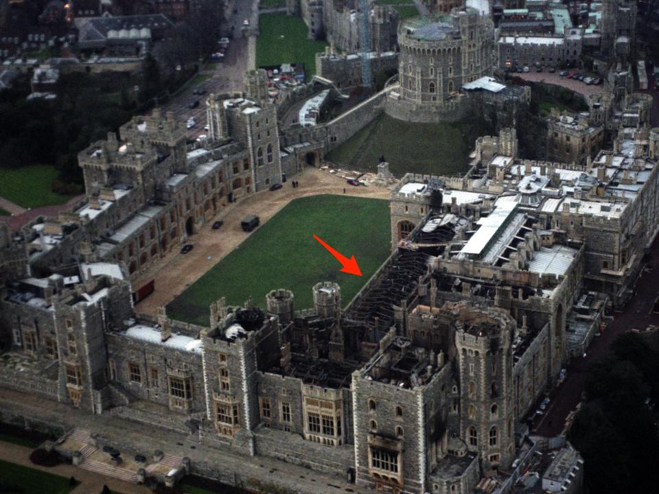 An aerial view of Windsor Castle after the fire on November 20, 1992.