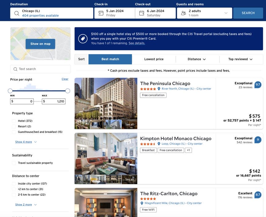 Screenshot of hotel search results page from the Citi Travel portal.