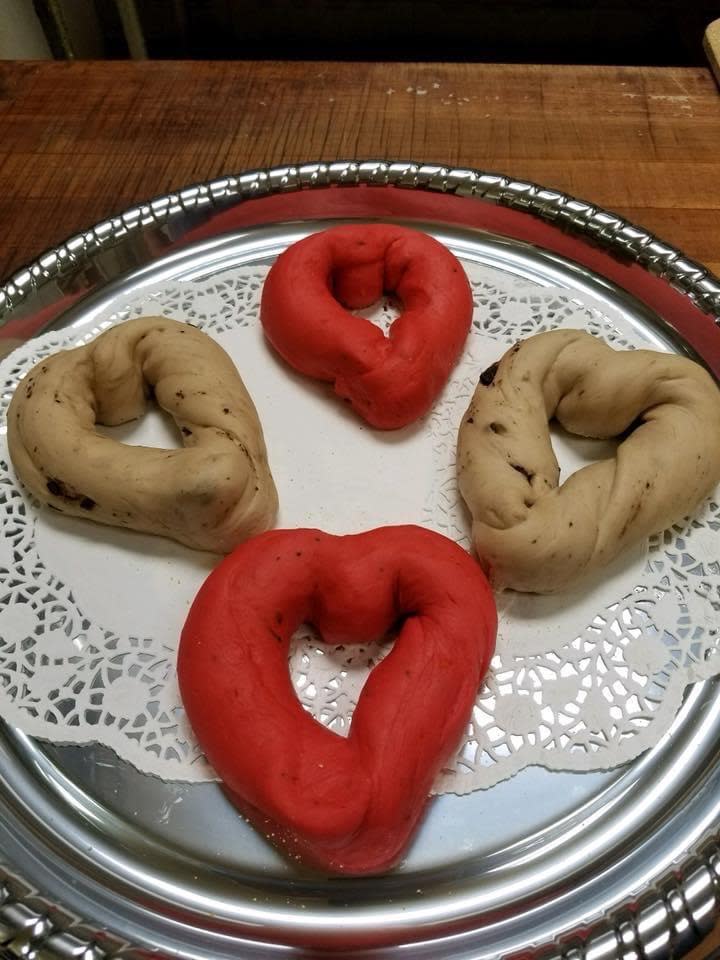 Georgia Boy's Bagel Cafe in Dover are known for their festive seasonal bagels like these Valentine's Day nibbles.