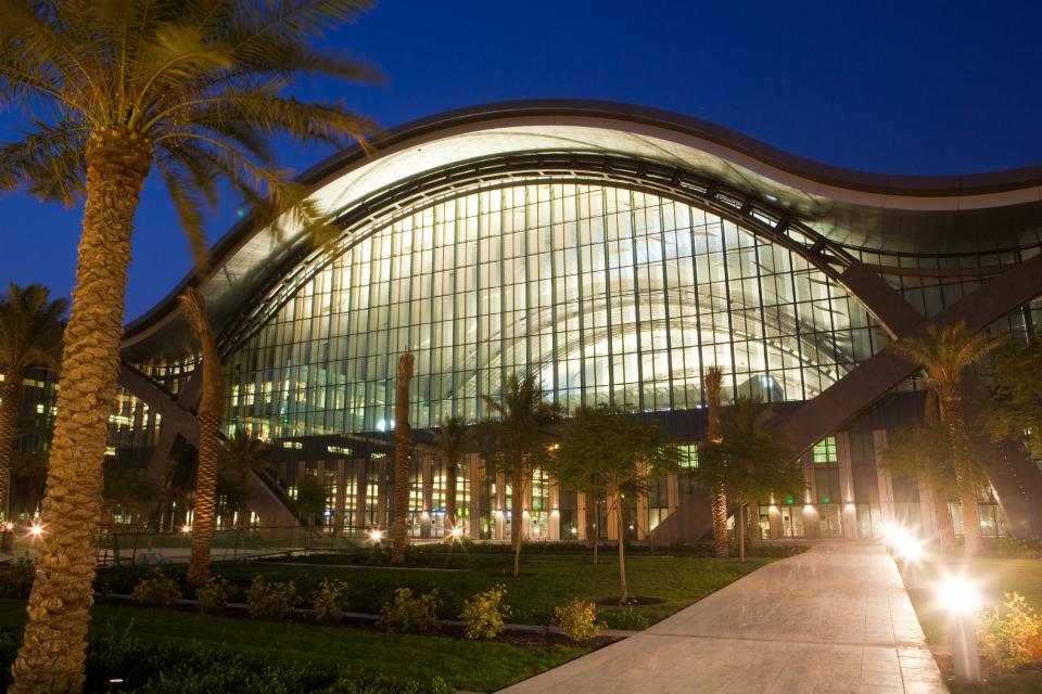 This undated image released by the New Hamad International Airport (HIA) which opened on Wednesday, April 30, 2014, shows the outside of a terminal building. The massive new airport in the Qatari capital has started handling its first commercial flights after years of delays as the natural-gas rich Gulf nation works to transform itself into a major aviation hub. (AP Photo/HIA)