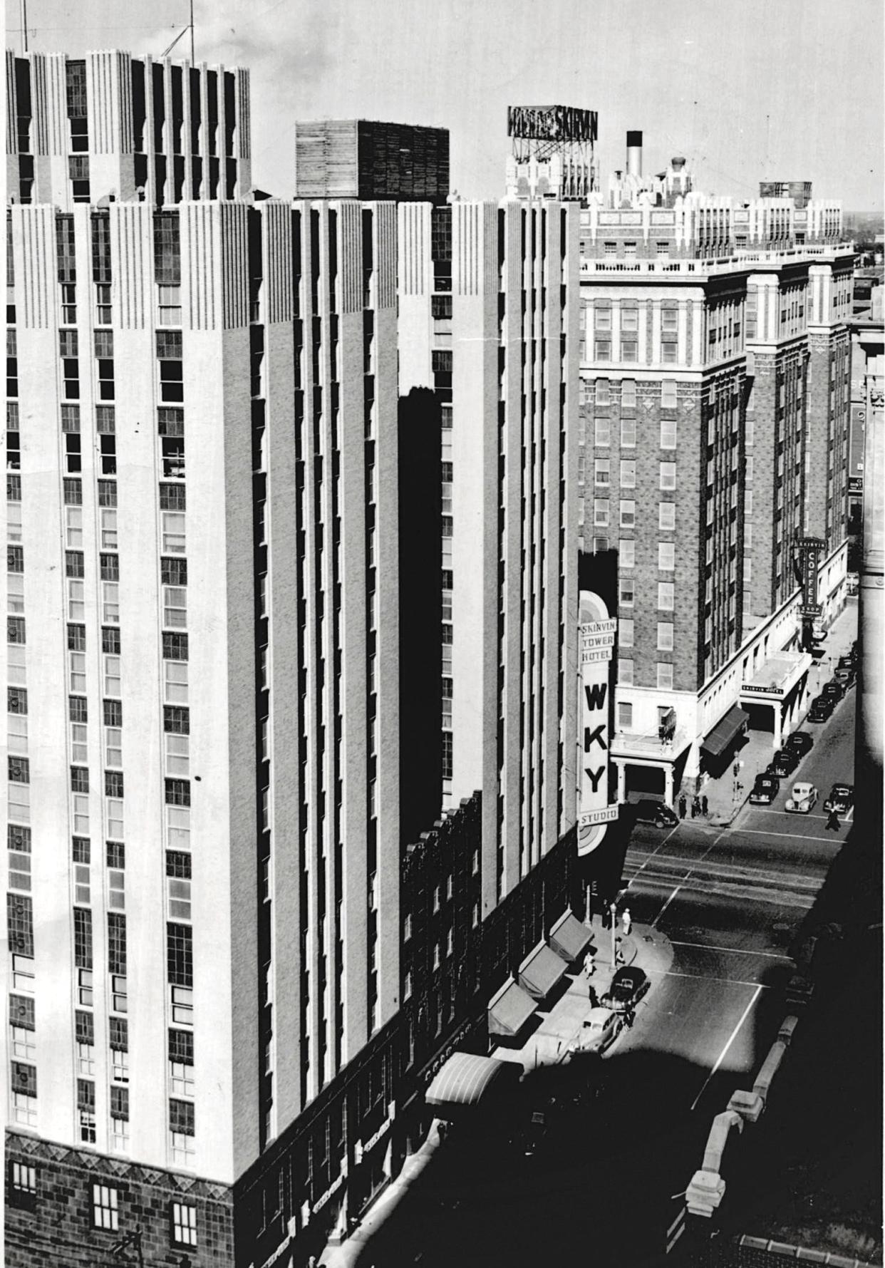 This 1945 picture shows the then Skirvin Tower with the Skirvin Hotel behind it, across Broadway.