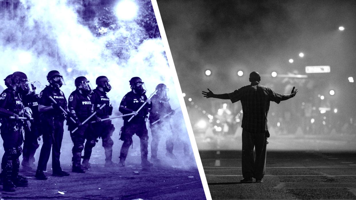 Left: Police officers look on as protests continued on May 29, 2020, in Louisville. Right: A man stands in the streets after police fired tear gas at protesters in Phoenix on May 30, 2020.