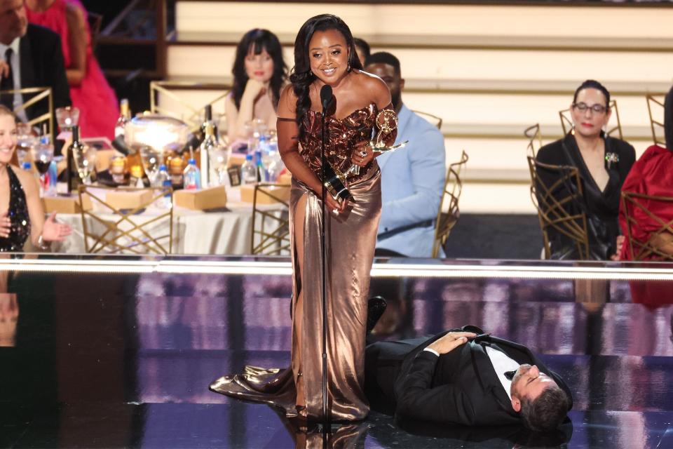 Quinta Brunson and Jimmy Kimmel at the 2022 Emmys