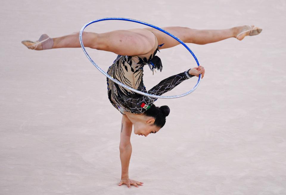 TOKYO, JAPAN - AUGUST 06: Rut Castillo of Team Mexico competes during the Women's Rhythmic Gymnastics Individual All-Around Qualification on day fourteen of the Tokyo 2020 Olympic Games at Ariake Gymnastics Centre on August 06, 2021 in Tokyo, Japan. (Photo by VCG/VCG via Getty Images)