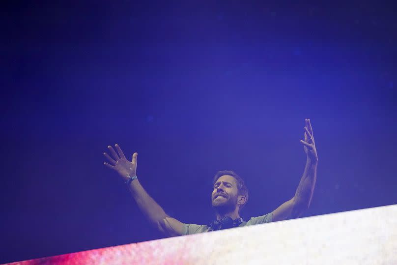 DJ Calvin Harris performs during the Tecate Emblema music festival in Mexico City, Sunday, May 19, 2024