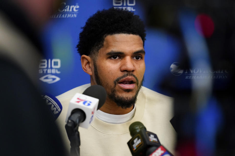 Philadelphia 76ers' Tobias Harris speaks with members of the media at the NBA basketball team's facility, in Camden, N.J., Tuesday, March 1, 2022. (AP Photo/Matt Rourke)