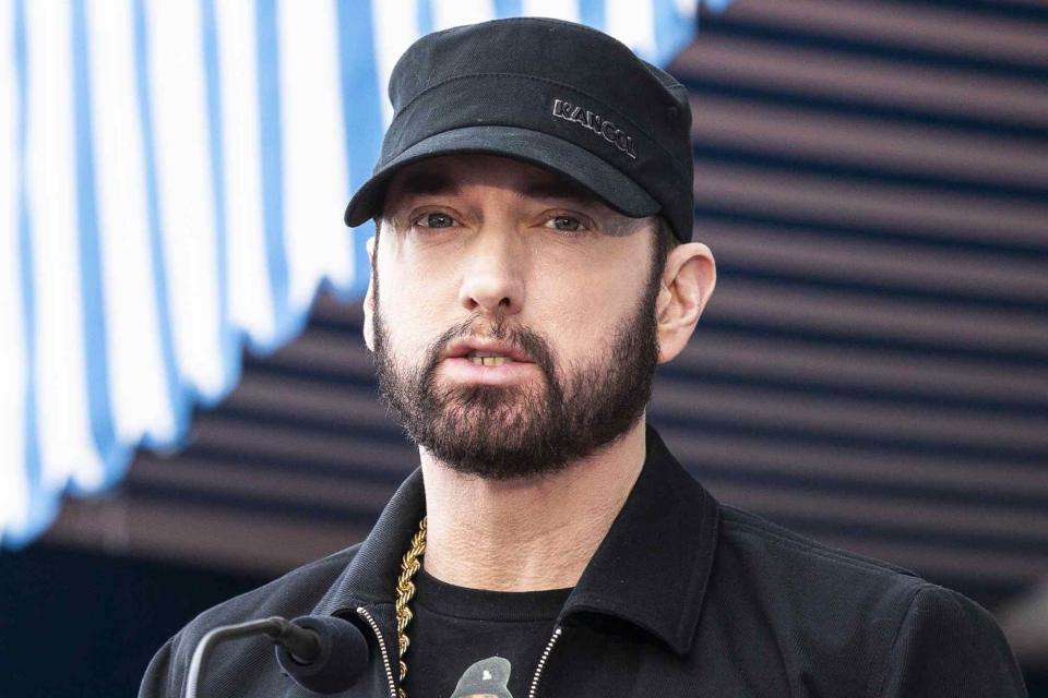 <p>ETIENNE LAURENT/EPA-EFE/Shutterstock </p> Eminem on the Hollywood Walk of Fame in Hollywood, California in January 2020.