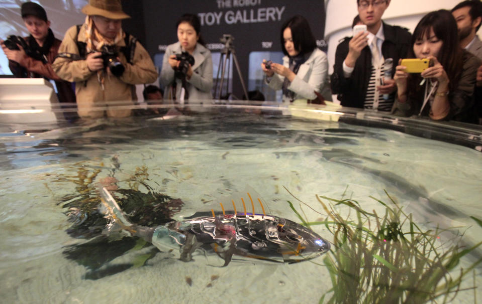 FILE - In this Friday, April 20, 2012 file photo, a fish robot swims at the Marine Robot Pavilion of the EXPO 2012 in Yeosu, South Korea. The Expo 2012 will open for three months on May 12 in Yeosu with a theme focused on the ocean. Its formal theme is