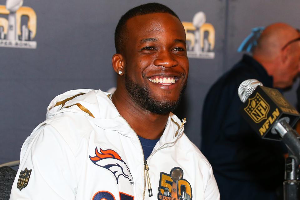 Denver Broncos running back Ronnie Hillman (23) during the Super Bowl 50 Denver Broncos press conference held at the Santa Clara Marriott in Santa Clara California.