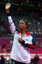 Gabrielle Douglas of the United States waves to the crowd after Douglas wins the gold medal in the Artistic Gymnastics Women's Individual All-Around final on Day 6 of the London 2012 Olympic Games at North Greenwich Arena on August 2, 2012 in London, England. (Photo by Streeter Lecka/Getty Images)