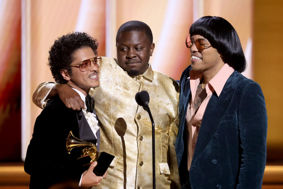 Bruno Mars, D'Mile, and Anderson .Paak on Grammy stage
