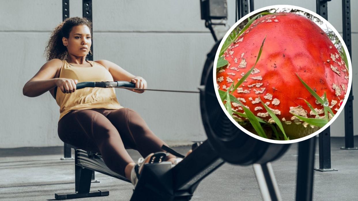  A woman completing a CrossFit workout on a rowing machine, and inset the mushroom used as a CrossFit Open hint by former Games director Dave Castro. 