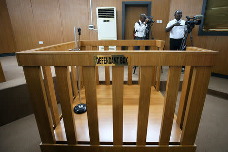 An empty defendant dock is pictured at the Code of Conduct Tribunal in Abuja, Nigeria January 14, 2019. REUTERS/Afolabi Sotunde