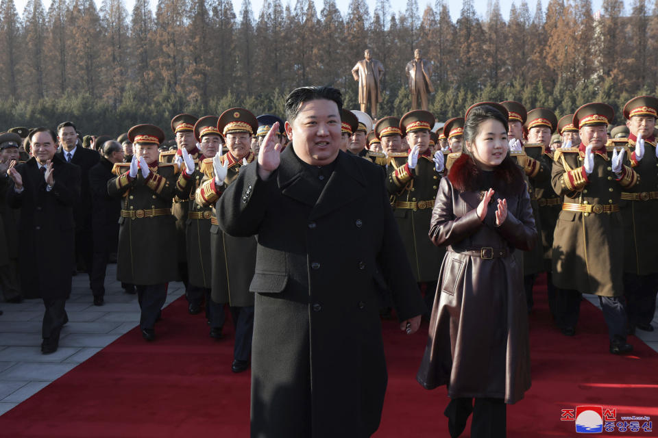 In this photo provided by the North Korean government, its leader Kim Jong Un and his daughter visit the defense ministry for events to celebrate the 76th founding anniversary of the country's army in North Korea, Thursday, Feb. 8, 2024. Independent journalists were not given access to cover the event depicted in this image distributed by the North Korean government. The content of this image is as provided and cannot be independently verified. Korean language watermark on image as provided by source reads: "KCNA" which is the abbreviation for Korean Central News Agency. (Korean Central News Agency/Korea News Service via AP)