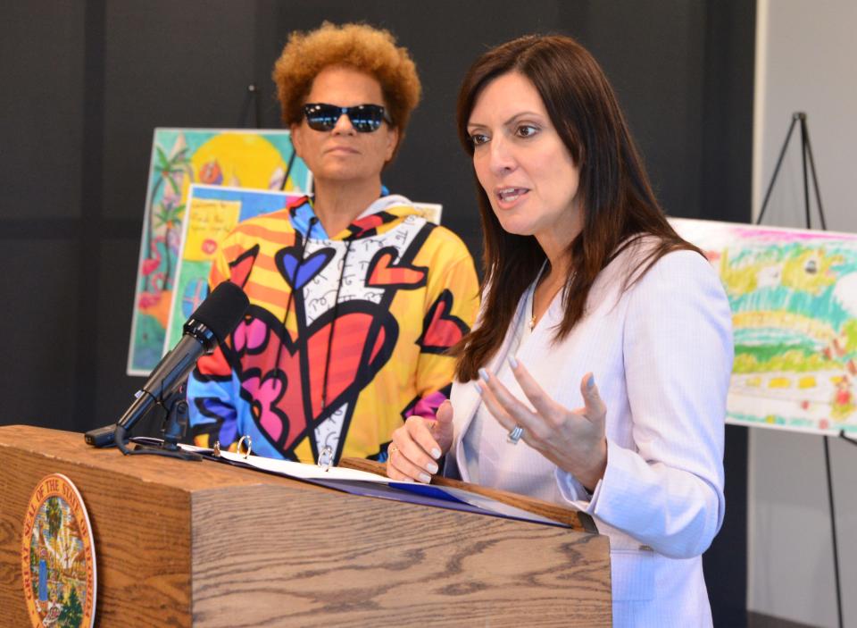 Florida Lt. Gov. Jeanette Nunez and Miami pop painter-sculptor Romero Britto announce winners of the Florida Space Art Contest during a November press conference at Space Florida headquarters on Merritt Island.