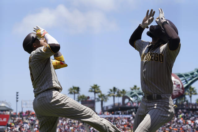 Gary Sanchez and Manny Machado of the San Diego Padres pose for a