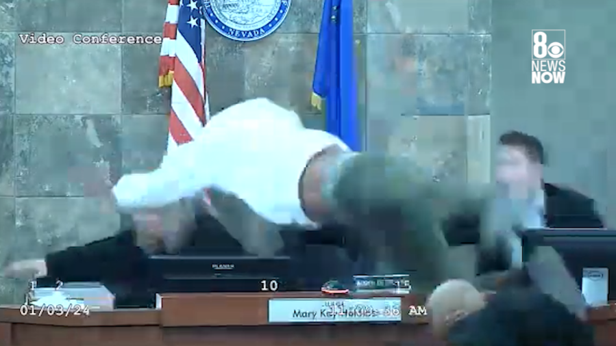 <em>Video shared with the 8 News Now Investigators shows several minutes of chaos after a man jumped a judge’s bench, attacking her. (KLAS)</em>