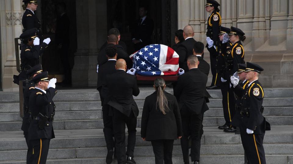 PHOTO: The remains of former US Supreme Court Justice Sandra Day O'Connor arrive at the National Cathedral in Washington, DC, on December 19, 2023, for her funeral service. (Olivier Douliery/AFP via Getty Images)