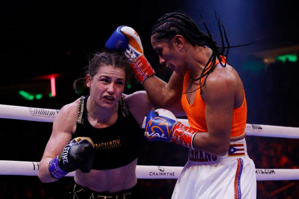 Taylor (left) and Amanda Serrano in their seismic clash last April (Getty Images)