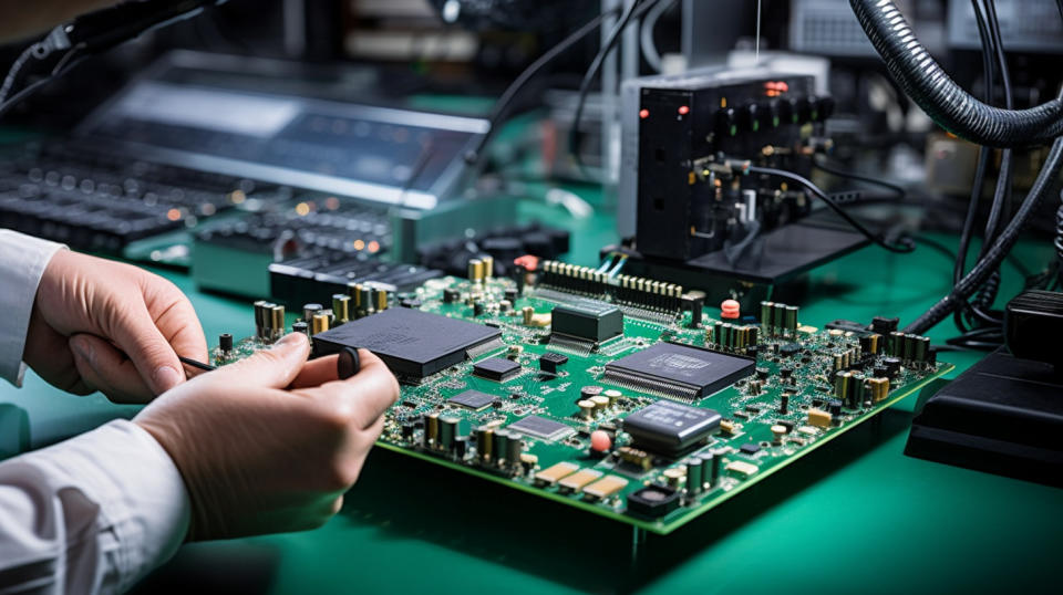 A technician using a specialized tool to mount a wireless analog system on chip.