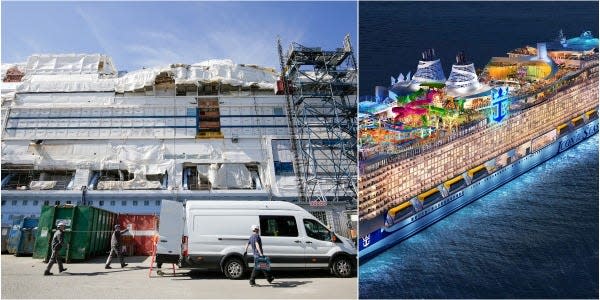 A collage of Royal Caribbean's Icon of the Seas _ and Royal Caribbean’s rendering of the space.