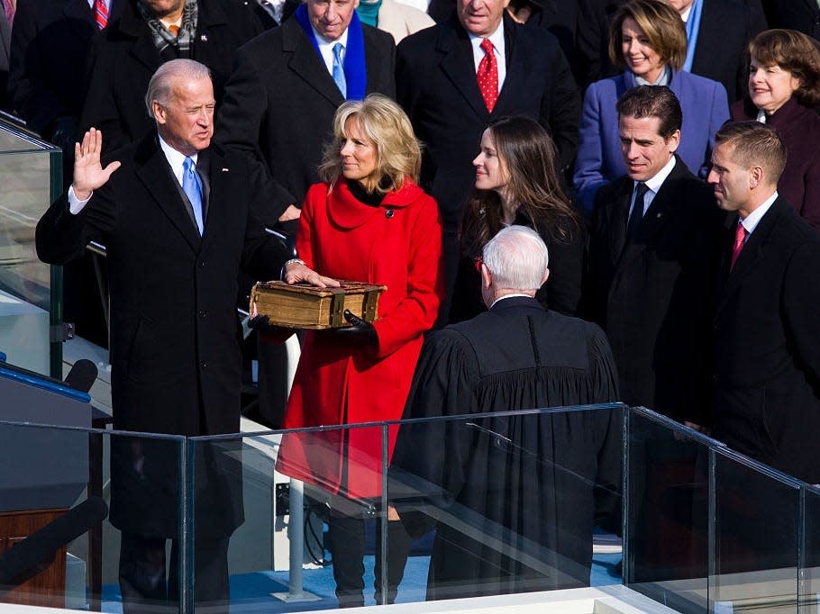 Jill Biden holds the Bible as Joe Biden is sworn in as vice president in 2009.
