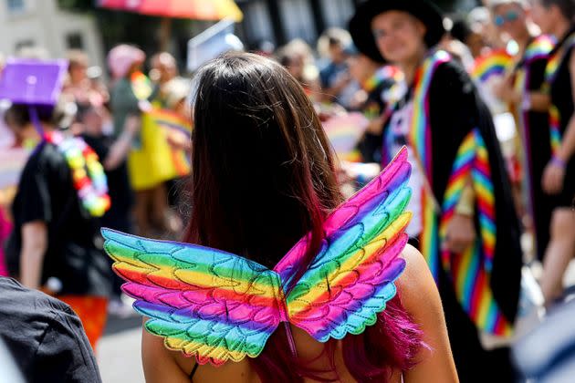 BRIGHTON, ENGLAND - AUGUST 06: A festival goer wears rainbow coloured wings as they participate in the Pride LGBTQ+ Community Parade – ‘Love, Protest & Unity’ during the Brighton Pride on August 06, 2022 in Brighton, England. (Photo by Tristan Fewings/Getty Images) (Photo: Tristan Fewings via Getty Images)