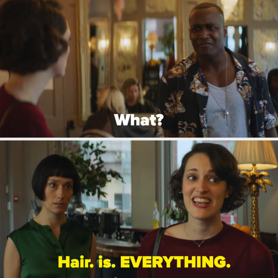 a man asking, "What?" and a woman saying, "Hair is everything"