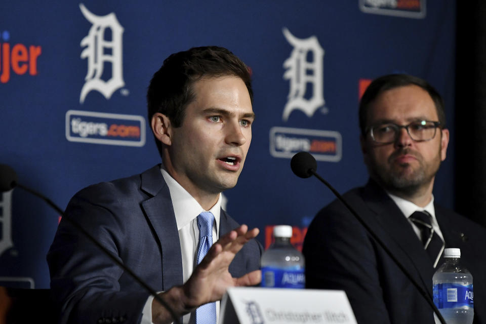 Scott Harris, left, the Detroit Tigers' new director of business operations, speaks next to Chris McGowan, president and CEO of Ilitch Sports and Entertainment, in Detroit on Tuesday, Sept. 20, 2022. (Robin Buckson/Detroit News via AP)