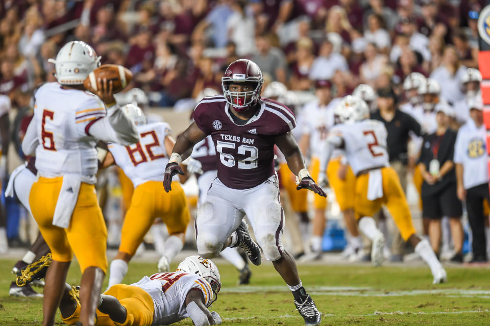 COLLEGE STATION, TX - SEPTEMBER 15: Texas A&M Aggies defensive lineman Justin Madubuike (52) rushes in during the game between the Louisiana Monroe Warhawks and the Texas A&M Aggies on September 15, 2018, at Kyle Field in College Station, TX. (Photo by Daniel Dunn/Icon Sportswire via Getty Images)