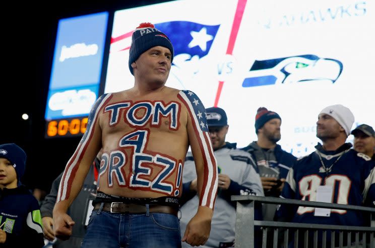 A fan reacts before a game between the New England Patriots and the Seattle Seahawks at Gillette Stadium on November 13, 2016 in Foxboro, Massachusetts. (Photo by Jim Rogash/Getty Images)