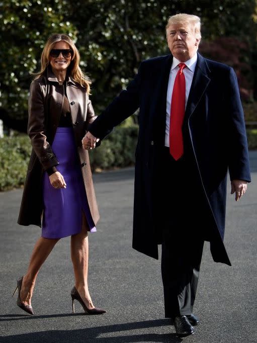 On November 29, Melania Trump headed to Marine One on the South Lawn of the White House in a £4,600 Ralph Lauren coat. She finished the look with Manolo Blahnik heels and a lilac skirt by New York-based designer, Derek Lam. [Photo: Getty]