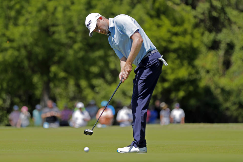 Russell Knox, of Scotland, putts on the second green during the second round of the PGA Zurich Classic golf tournament at TPC Louisiana in Avondale, La., Friday, April 26, 2019. (AP Photo/Gerald Herbert)