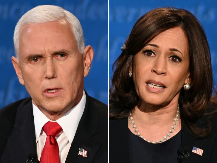 (COMBO) This combination of pictures created on October 07, 2020 shows US Vice President Mike Pence and US Democratic vice presidential nominee and Senator from California Kamala Harris during the vice presidential debate in Kingsbury Hall at the University of Utah on October 7, 2020 in Salt Lake City, Utah. (Photos by Eric BARADAT and Robyn Beck / AFP) (Photo by ERIC BARADAT,ROBYN BECK/AFP via Getty Images)