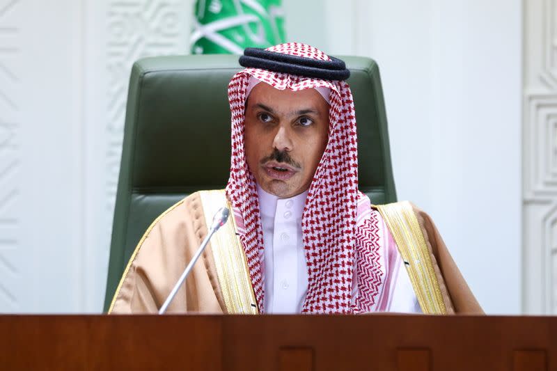 Saudi Arabia's Foreign Minister Prince Faisal bin Farhan Al Saud attends a meeting with Russia's Foreign Minister Sergei Lavrov in Riyadh