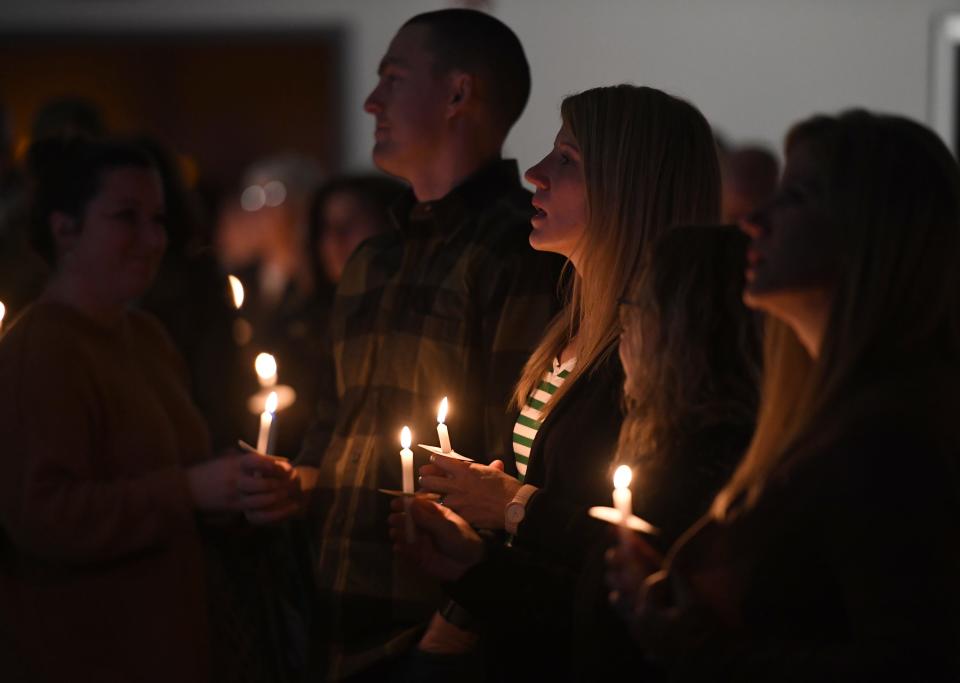 A vigil is held for Jamin Pugh, a pro wrestler known as Jay Briscoe, Wednesday, Jan. 25, 2023, at the Elliott Worship Center in Laurel, Delaware.