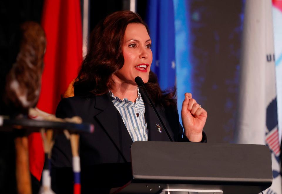 Gov. Gretchen Whitmer speaks during the official opening of Dakkota Integrated Systems in Detroit on Thursday, May 5, 2022. Whitmer issued an executive directive Wednesday, May 25, 2022, calling on state agencies to take steps to protect access to abortion and other forms of reproductive health care.