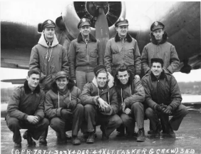 Lt Tasker and crew of the 359th Bomb Squadron, 303rd Bomb Group based in England, pose in front of a Boeing B-17 Flying Fortress.