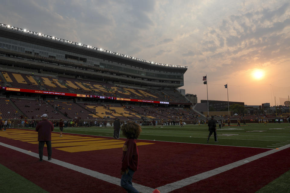 Huntington Bank Stadium before an NCAA college football game between Minnesota and Southern California, Saturday, Oct. 5, 2024, in Minneapolis. (AP Photo/Ellen Schmidt)