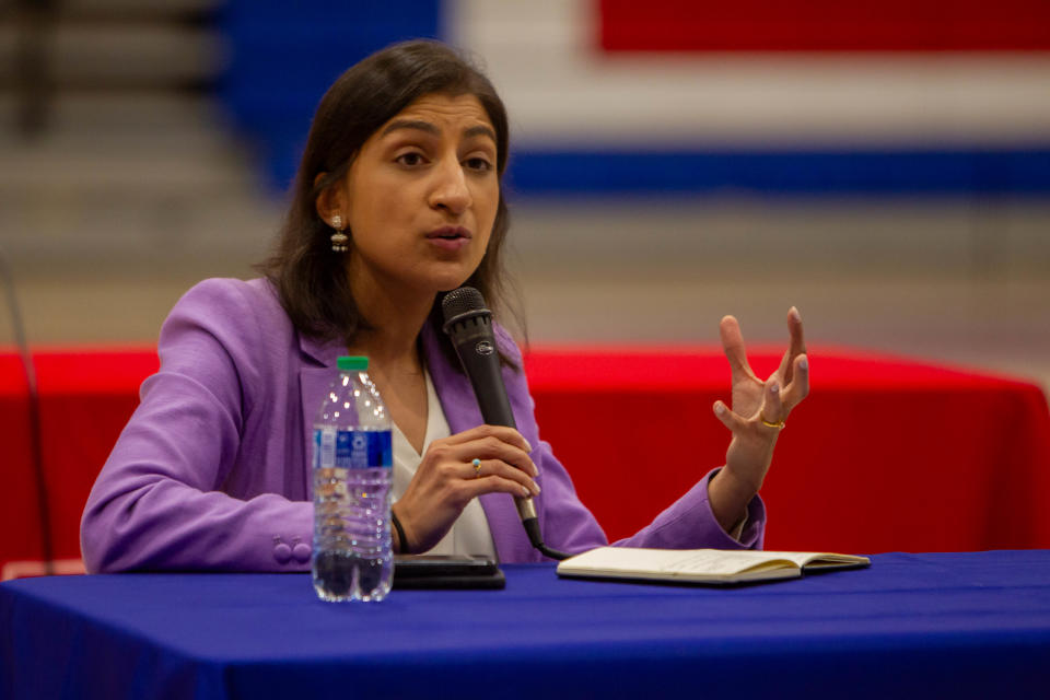 Federal Trade Commission chairperson Lina Khan speaks at a Kroger town hall meeting in Phoenix.