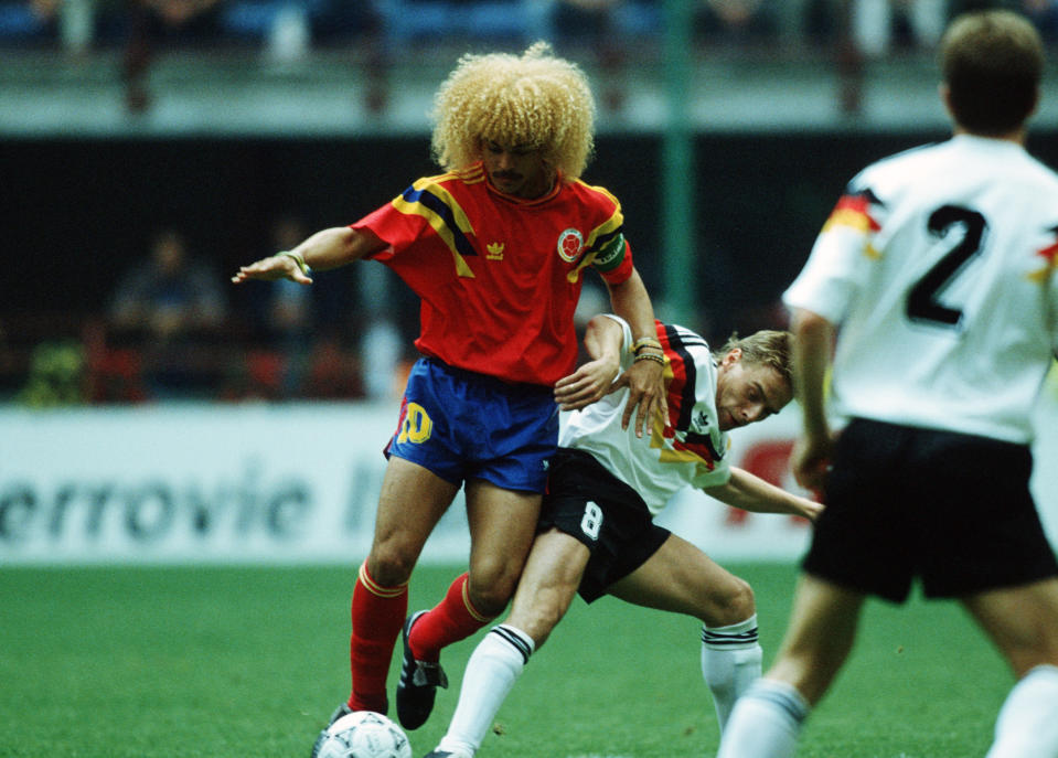 Colombia’s Carlos Valderrama in action against Germany at Italia ’90