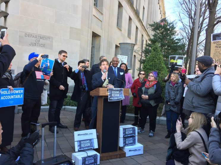 Rep. Jamie Raskin speaks outside the Department of Justice on March 2, 2017. (Photo: Garance Franke-Ruta/Yahoo News)