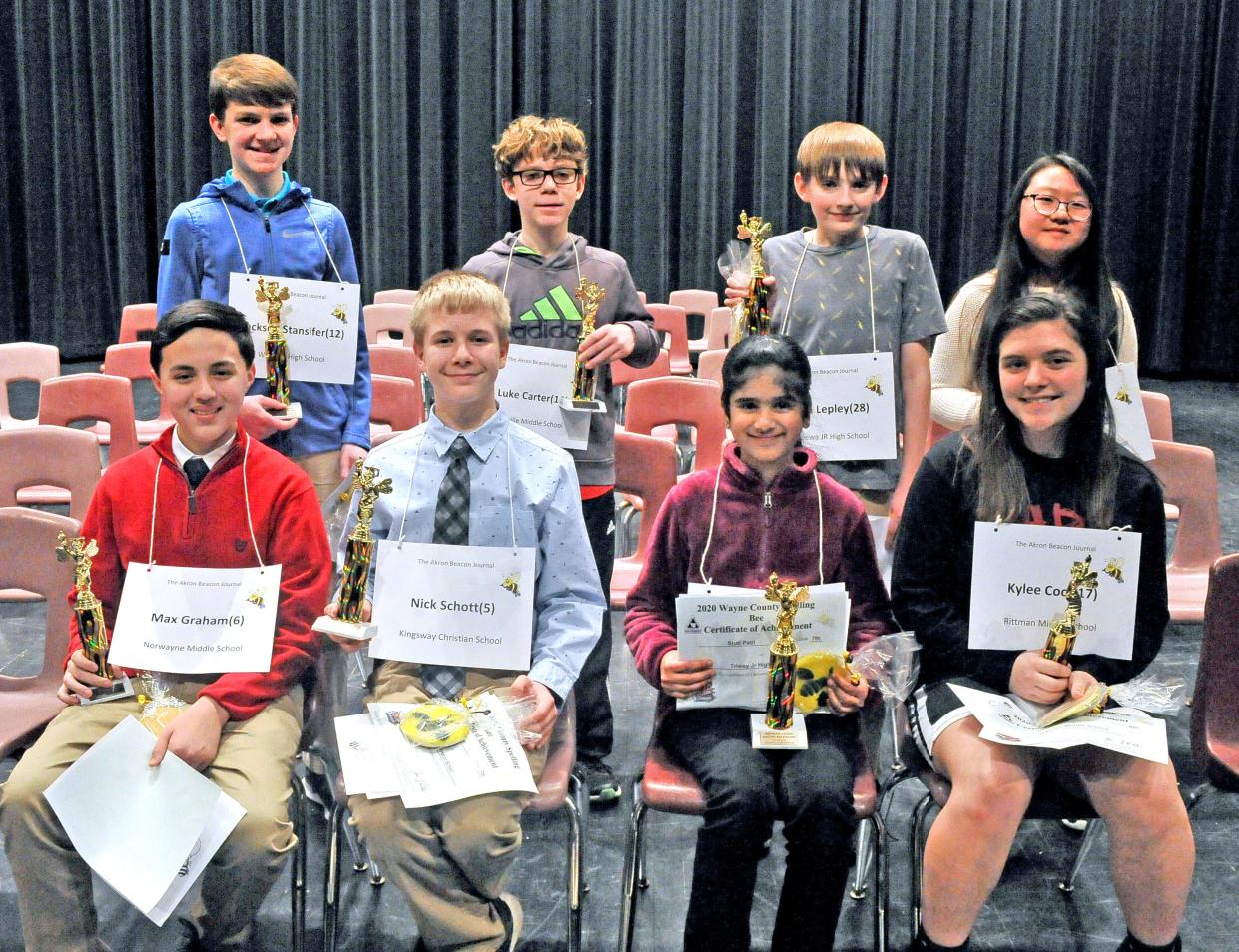 The top eight spellers from the Wayne County 2020 Spelling Bee who went on to the regional bee in Akron are Max Graham (front left), Nick Schott, Stuto Patil, champion, Kylee Cool, Jackson Stansifer (back left), Luke Carter, Gavin Lepley and Irene Lee.
