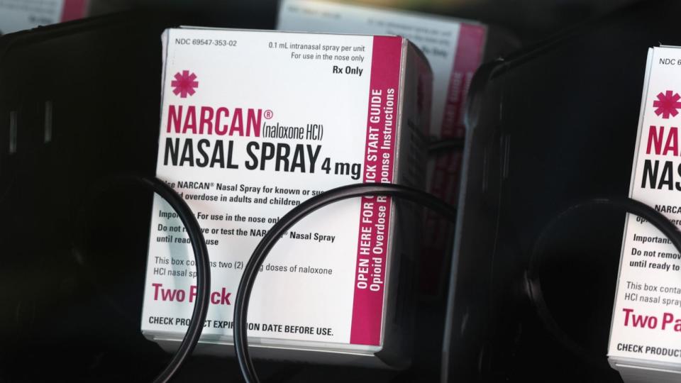 PHOTO: In this Sept. 1, 2022 file photo, Narcan nasal spray for the treatment of opioid overdoses is seen in a free vending machine by the DuPage County Health Department at the Kurzawa Community Center in Wheaton, Ill. (Scott Olson/Getty Images, FILE)