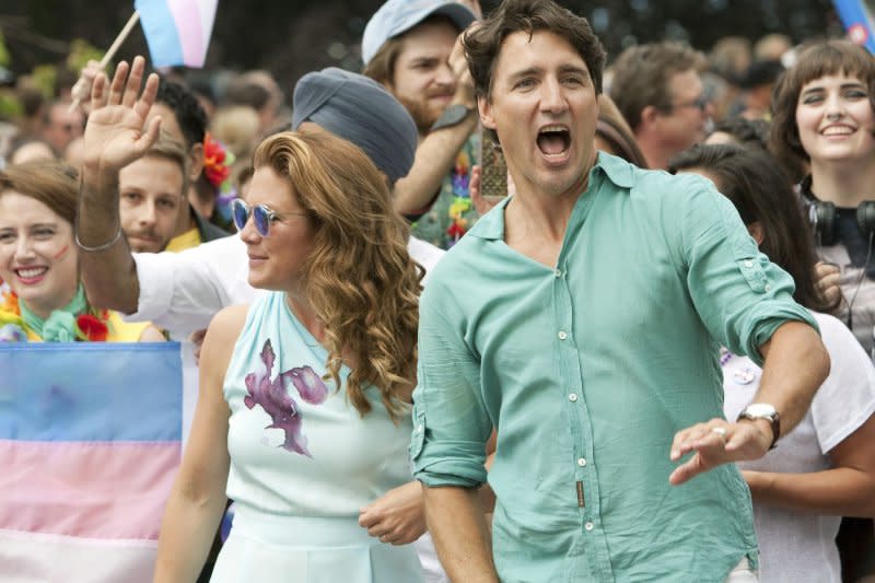 Canadian Prime Minister Justin Trudeau and his wife, Sophie Gregoire, and children Ella Grace, Xavier and Hadrien march in the 38th Annual Gay Pride Parade in Vancouver in July 2016. File Photo by Heinz Ruckemann/UPI